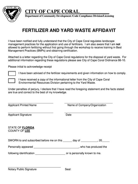 Fillable Online Fertilizer And Yard WAste Affidavit Cape Coral