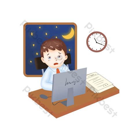 People Staying Up Late Working Overtime Cartoon Drawing Free Download