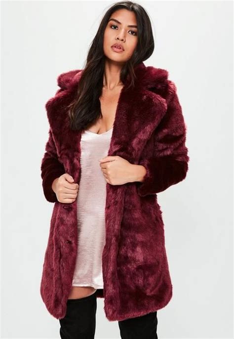 Missguided Burgundy Faux Fur Slim Coat Burgundy Faux Fur Coats