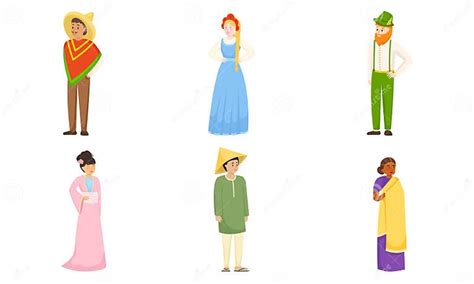 Men And Women Wearing Various National Costumes Vector Illustration