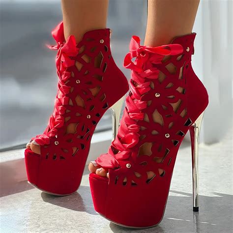 Red Stiletto High Heels Elegant Peep Toe Boots Lace Up Platform Shoes ...