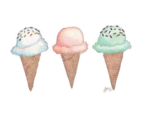 Ice Cream Art Trio Three Ice Cream Cones Watercolor Painting Etsy