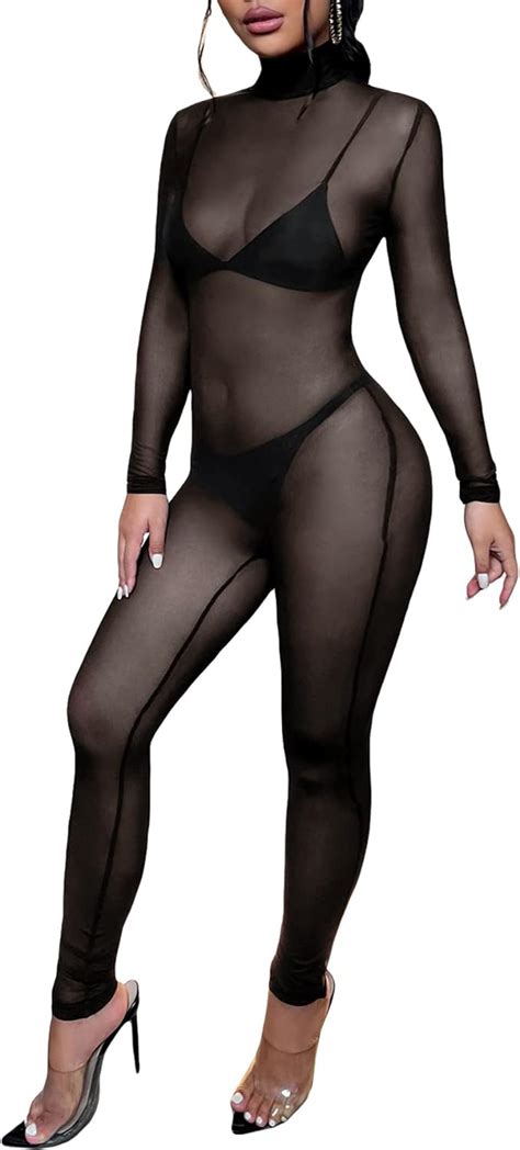 Amazon WDIRARA Women S Sheer Mesh See Through High Neck Long