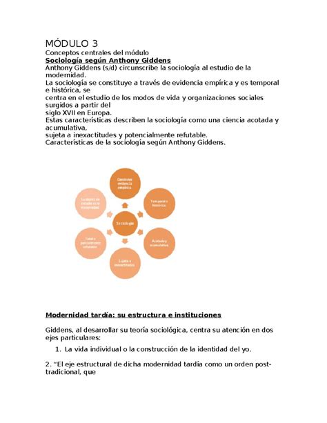 Socilogia giddens MÓDULO 3 Conceptos centrales del módulo Sociología