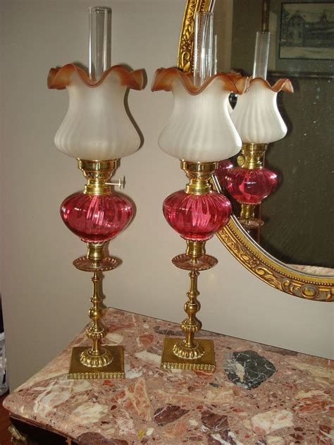 Cranberry Crystal Peg Oil Lamps 19th C Oil Lamps Art Nouveau Lamps