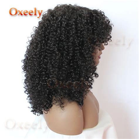 Oxeely Natural Color Synthetic Wigs Kinky Curly With Bangs Afo Long