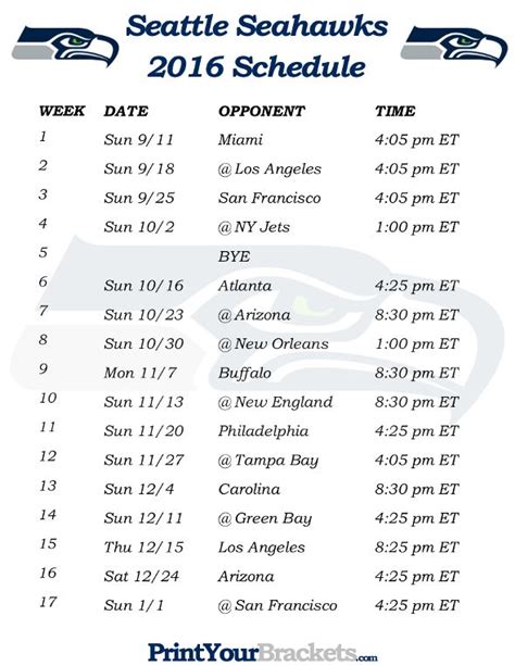 Seattle Seahawks Schedule Printable