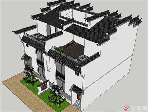 古典中式徽派双拼三层别墅建筑设计su模型 Sketchup模型库 毕马汇 Nbimer