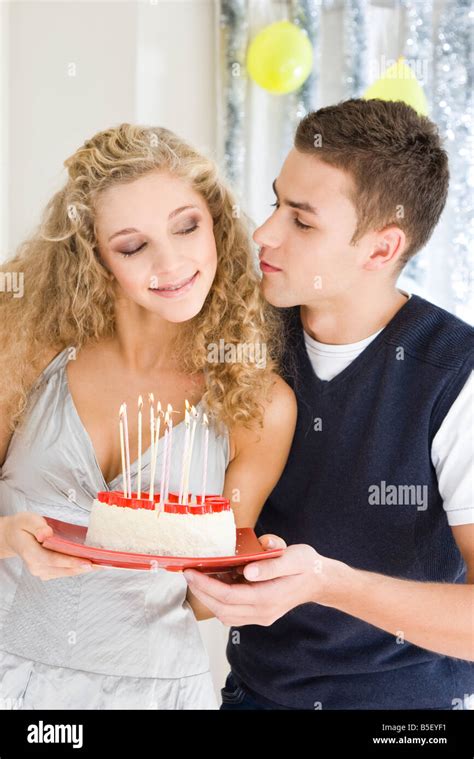 Couple With Birthday Cake Stock Photo Alamy