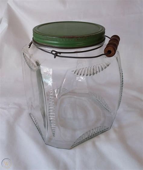 31 2020 Vintage Hoosier Large Square Glass Jar Ribbed Corner Green Metal Lid Bail Handle