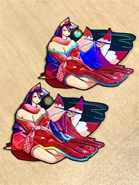 Kitsune Fox Girl Waifu Holographic Vinyl Sticker With 3d Textures Yokai Series Etsy