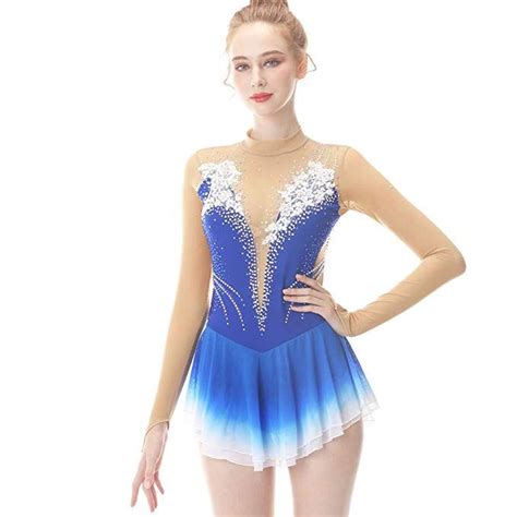 Blue White Figure Skating Dress Fingerpoint Sleeves Ice Skating Skirt Long Sleeved Spandex Skirt