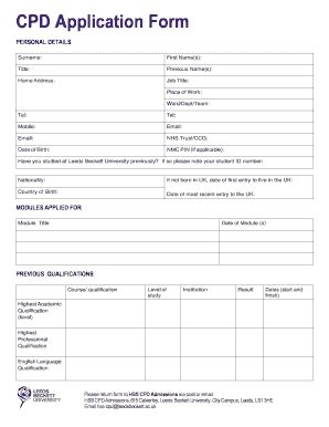 Fillable Online Cpd Application Form Leedsbeckettacuk Fax Email Print