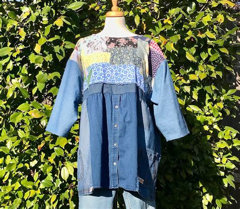 1X 2X Upcycled Scrappy Patchwork And Denim Tunic Repurposed Boho