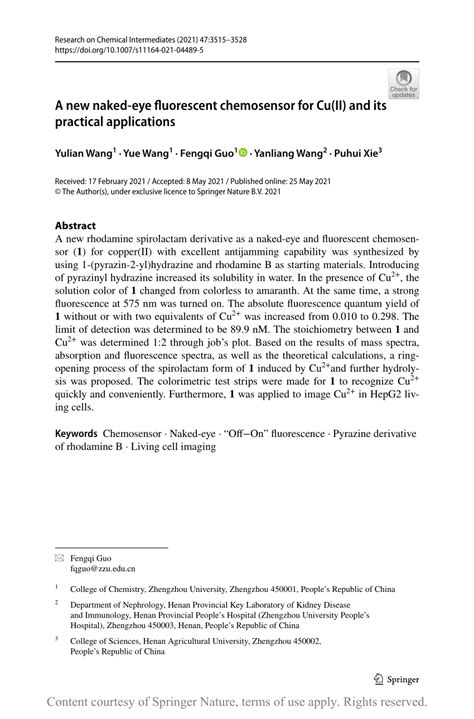 A New Naked Eye Fluorescent Chemosensor For Cu Ii And Its Practical Applications Request Pdf