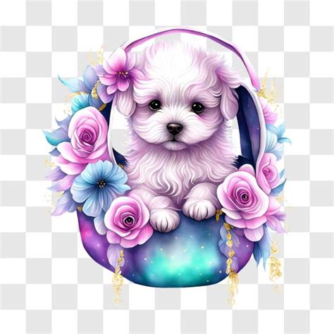 Download Adorable White Dog Surrounded by Colorful Flowers PNG Online - Creative Fabrica