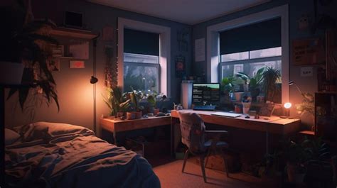 Premium AI Image Cozy Lofi Room Workstation Wallpaper Background