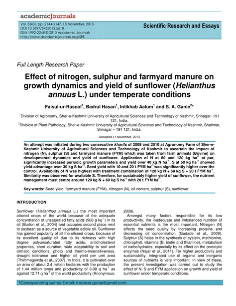 Pdf Effect Of Nitrogen Sulphur And Farmyard Manure On Growth