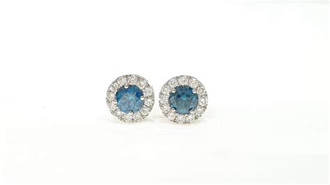 Fancy Blue Diamond Round Cut Halo Diamond Stud Earrings Kt Gold