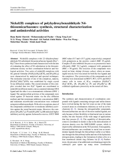 Pdf Antitumor And Antibacterial Activity Of Ni Ii Cu Ii Ag I And Hg Ii Complexes With