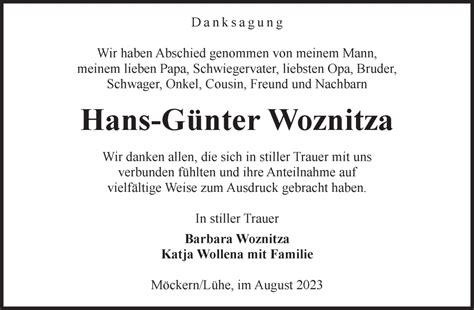 Traueranzeigen Von Hans G Nter Woznitza Abschied Nehmen De