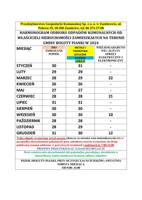 Harmonogram odbioru odpadów komunalnych 2024 r Gmina Boguty Pianki