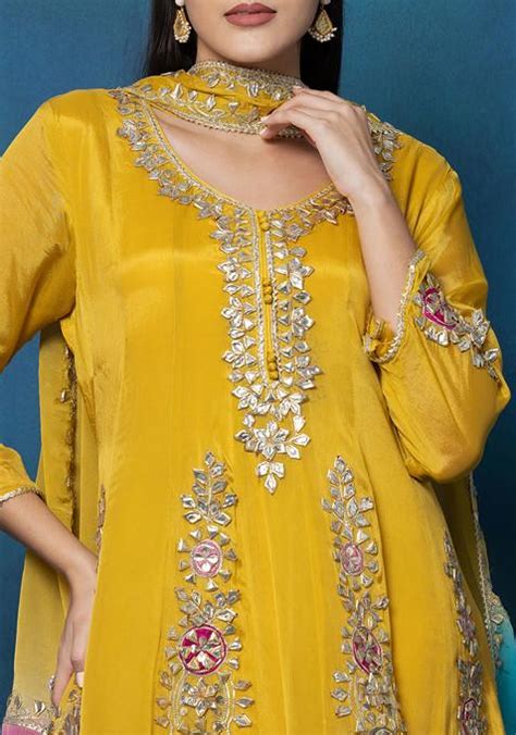 Buy Women Mustard Gota Patti Embroidered Kurta Set With Dhoti Pants And