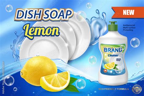 Dish Washing Soap With Lemon Ads Clean Plates And Plastic Bottle Of