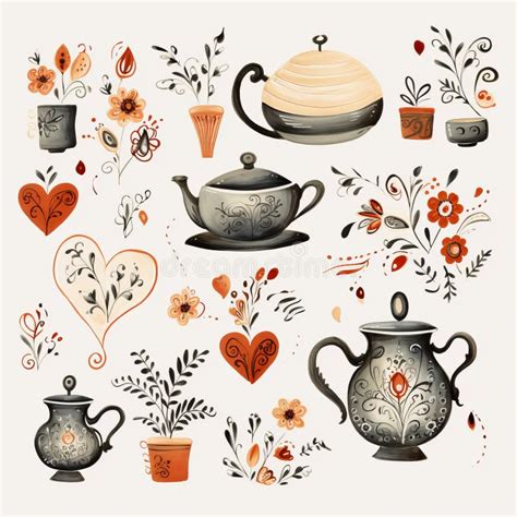 Romantic Tea Pot Drawings with Quirky Characters and Rustic Charm Stock Illustration ...