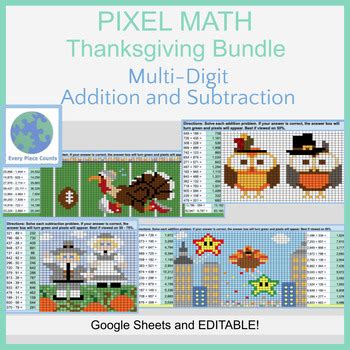 Pixel Art Math Thanksgiving Bundle Multi Digit Addition And Subtraction