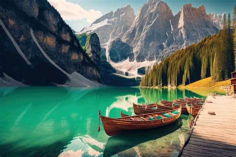 Premium Ai Image Boats On The Braies Lake Pragser Wildsee In