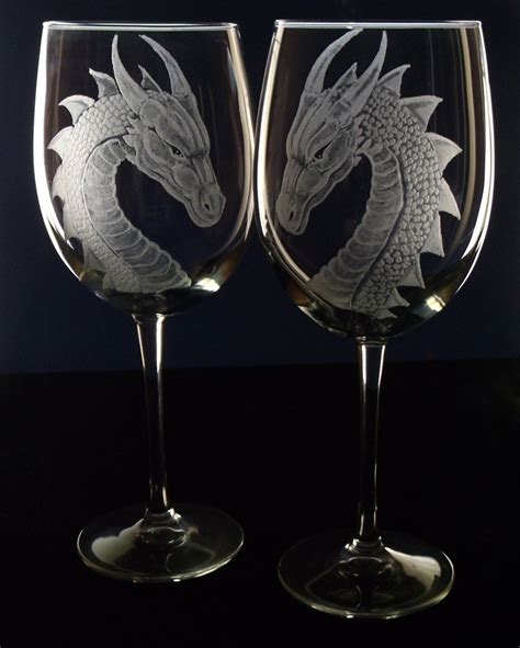 Decorated Wine Glasses Etched Engraved Dragon Goblets Set