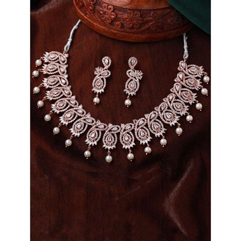 Estele Rose Gold Plated CZ Sparkling Designer Necklace Set With Pearls