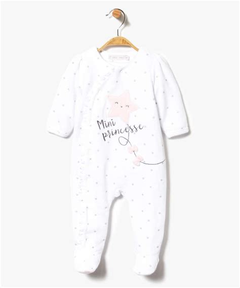 Pyjama Bebe En Velours Avec Ouverture Avant Et Motifs Etoiles Blanc