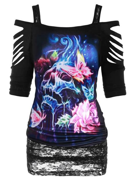 Plus Size Halloween Ripped 3d Butterfly Skull Print T Shirt Clothes