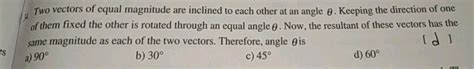 Two Vectors Having Equal Magnitudes A Make An Angle Theta Against Each