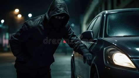 Burglar In A Black Mask Tries To Open A Car In A Parking Lot At Night
