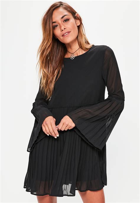 Lyst Missguided Black Long Sleeve Pleated Swing Dress In Black