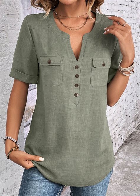 Rotita Button Sage Green Split Neck Short Sleeve Blouse