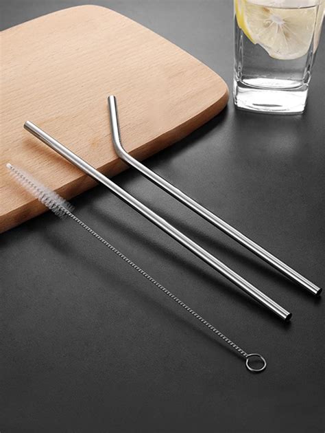 2pcs Stainless Steel Straw Set Milk Tea Coffee Beverage Iron Drinking