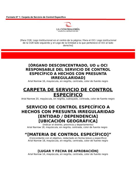 Formato 1 Carpeta De Servicio Control Especifico Formato N 1