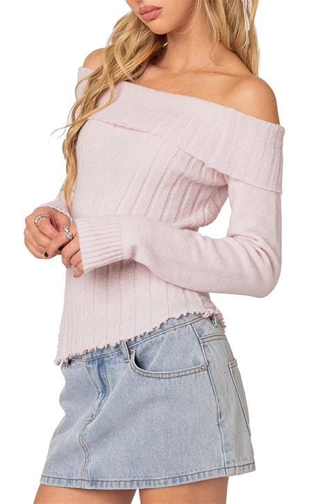 Edikted Sonya Foldover Off The Shoulder Rib Sweater Nordstrom In 2024 Knit Top Knit Sweater