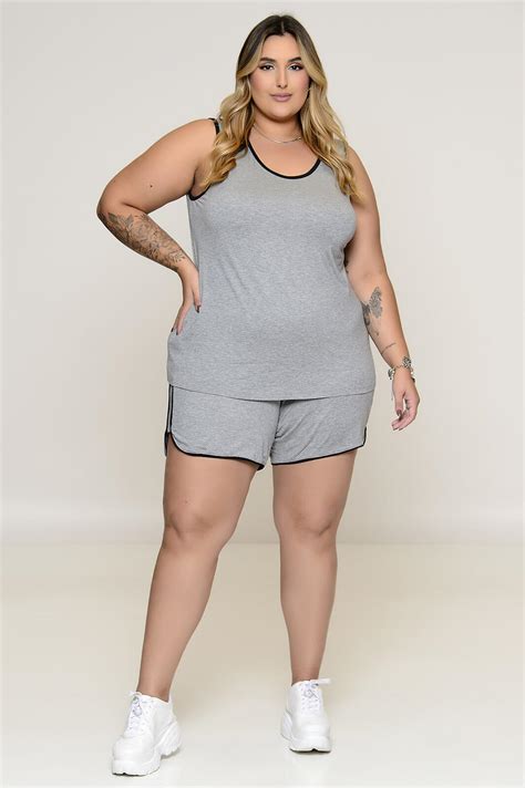 Conjunto Plus Size Viscolycra Regata E Short Mescla Vk Moda Plus Size