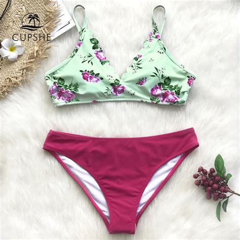 CUPSHE Fuchsia Floral Print Scalloped Bikini Set Women Green Two Pieces