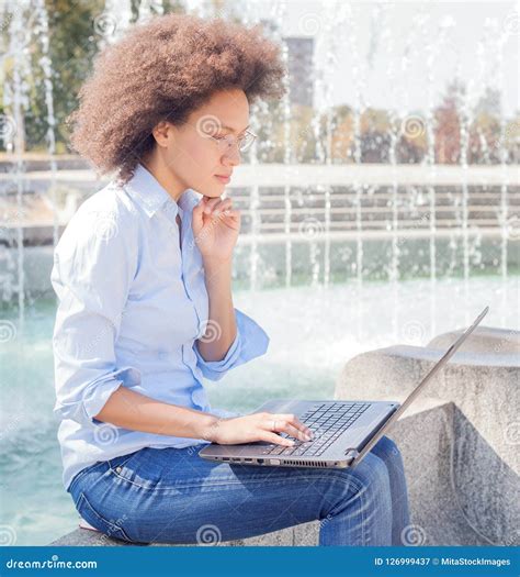 Beautiful Young Afro American Student Woman Working With Laptop Stock