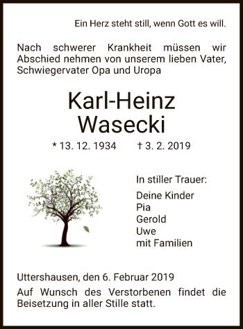 Traueranzeigen Von Karl Heinz Wasecki Trauer HNA De