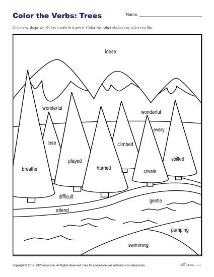 Color The Trees Printable K 2nd Grade Verbs Activity Worksheets