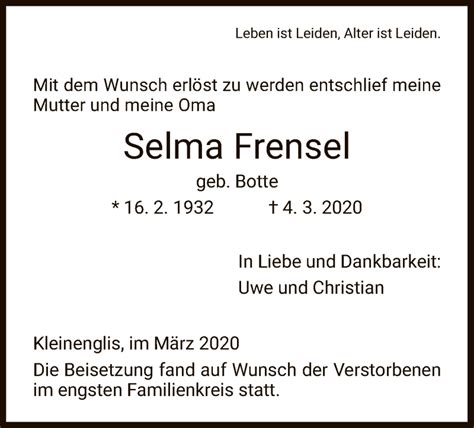 Traueranzeigen Von Selma Frensel Trauer Hna De