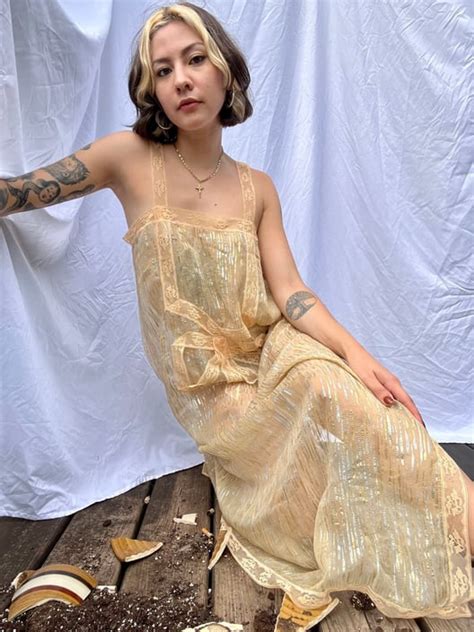 S Vintage Nightgown Nude Sheer Lingerie Metallic Gold Silk Sheer Closet Case Vintage