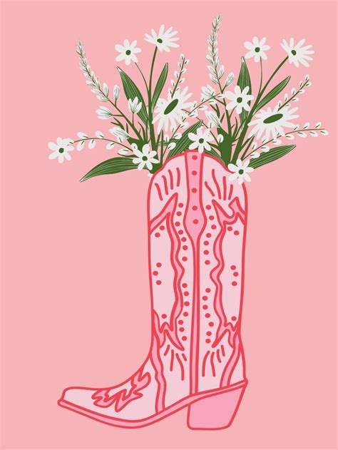 A Pink Boot With White Flowers In It On A Pink Background And An